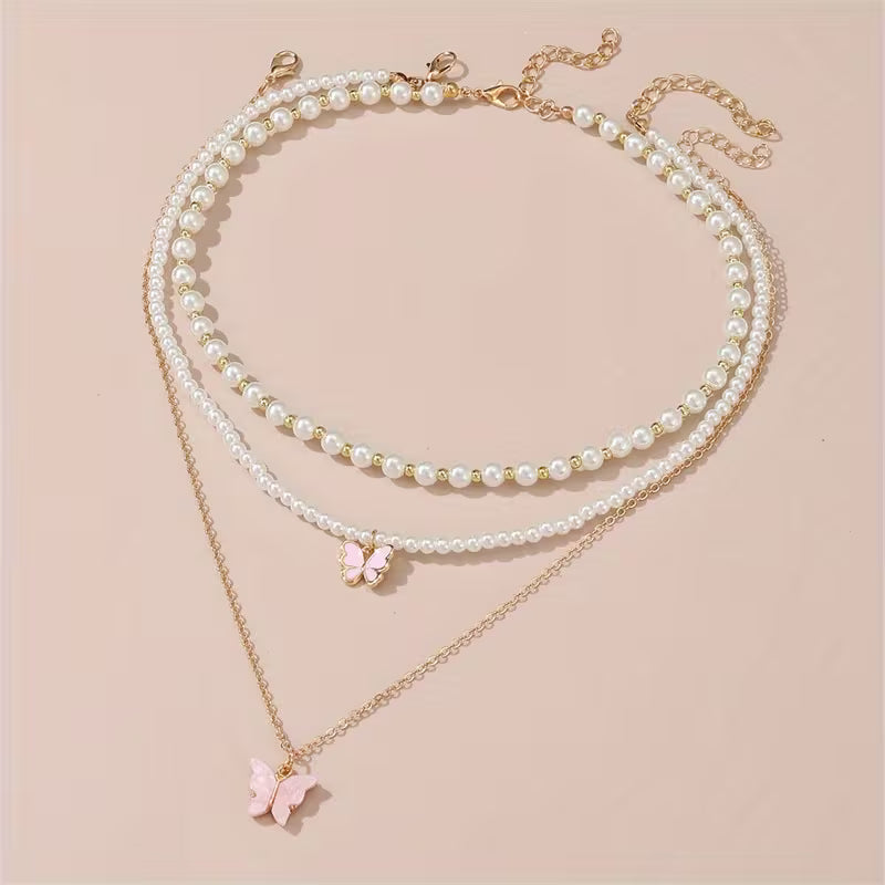 3pcs/set Metal Butterfly Heart Pendant Necklace Set Girls' Fashion Simple Faux Imitation Pearl Multi-Layer Necklaces Accessories