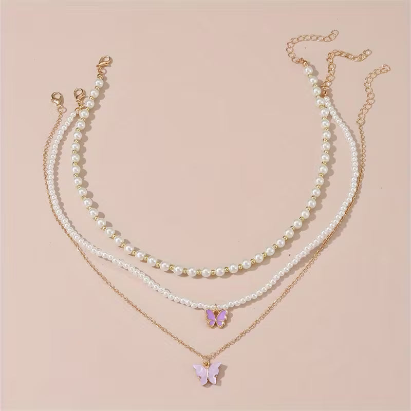 3pcs/set Metal Butterfly Heart Pendant Necklace Set Girls' Fashion Simple Faux Imitation Pearl Multi-Layer Necklaces Accessories
