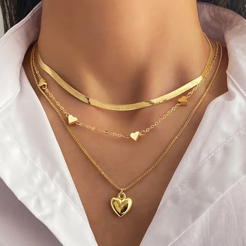 3pcs Set, Retro Elegant Heart Pendant Snake Bone Chain Box Chain Combination Multi-Layer Stackable Necklace Set