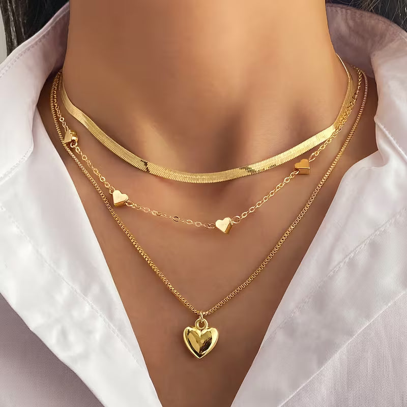 3pcs Set, Retro Elegant Heart Pendant Snake Bone Chain Box Chain Combination Multi-Layer Stackable Necklace Set