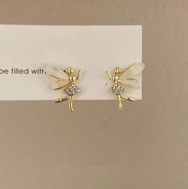 Trendy Girl Dancer Stud Earrings Crystal Acrylic Wings Angle Earrings for Women Korean Cute Sweet Jewelry