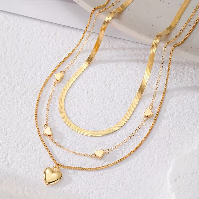 3pcs Set, Retro Elegant Heart Pendant Snake Bone Chain Box Chain Combination Multi-Layer Stackable Necklace Set