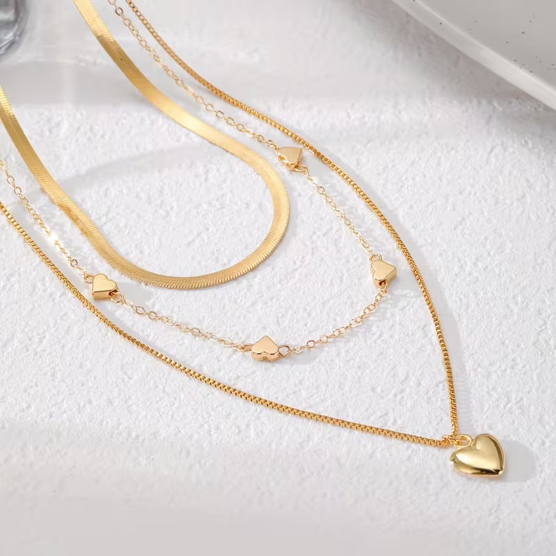 3pcs Set, Retro Elegant Heart Pendant Snake Bone Chain Box Chain Combination Multi-Layer Stackable Necklace Set