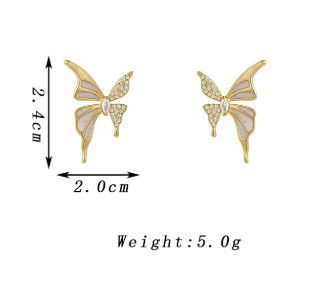 Fashion Cute Butterfly Stud Earrings for Women White Enamel Oil Crystal Wings Earrings Party Sweet Golden Color Metal Jewelry