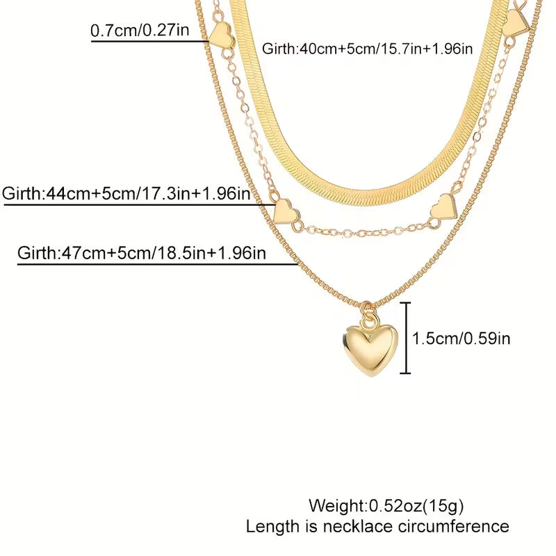 3pcs Set, Retro Elegant Heart Pendant Snake Bone Chain Box Chain Combination Multi-Layer Stackable Necklace Set