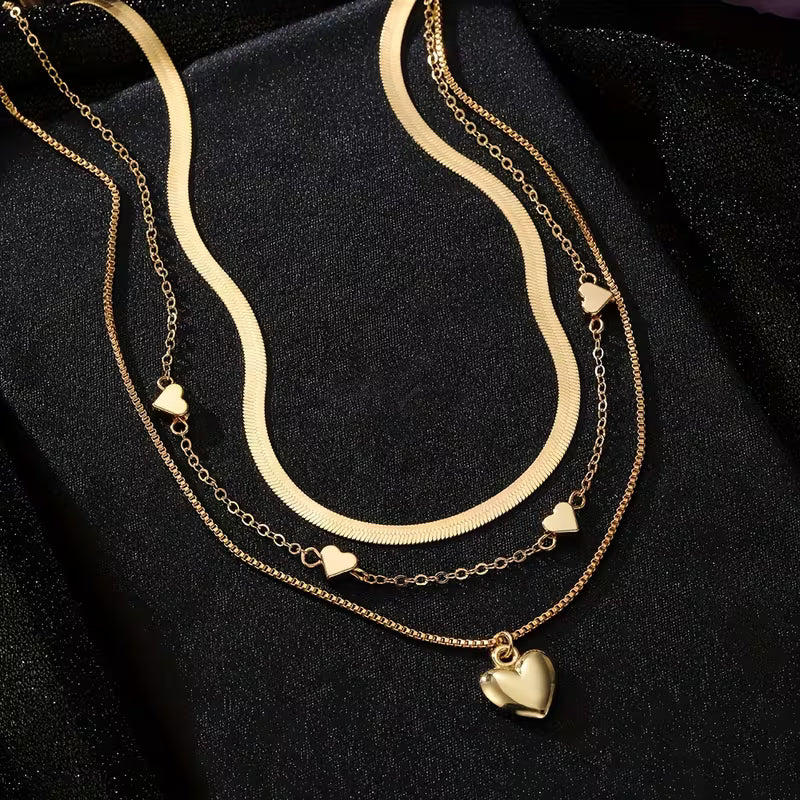 3pcs Set, Retro Elegant Heart Pendant Snake Bone Chain Box Chain Combination Multi-Layer Stackable Necklace Set