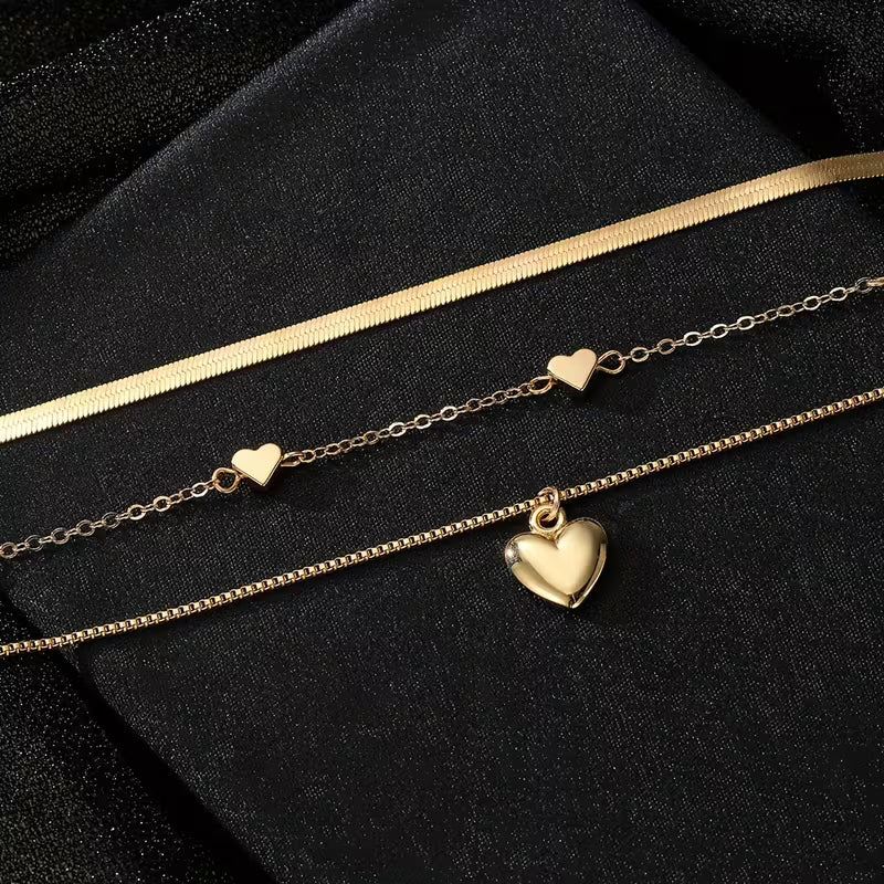 3pcs Set, Retro Elegant Heart Pendant Snake Bone Chain Box Chain Combination Multi-Layer Stackable Necklace Set