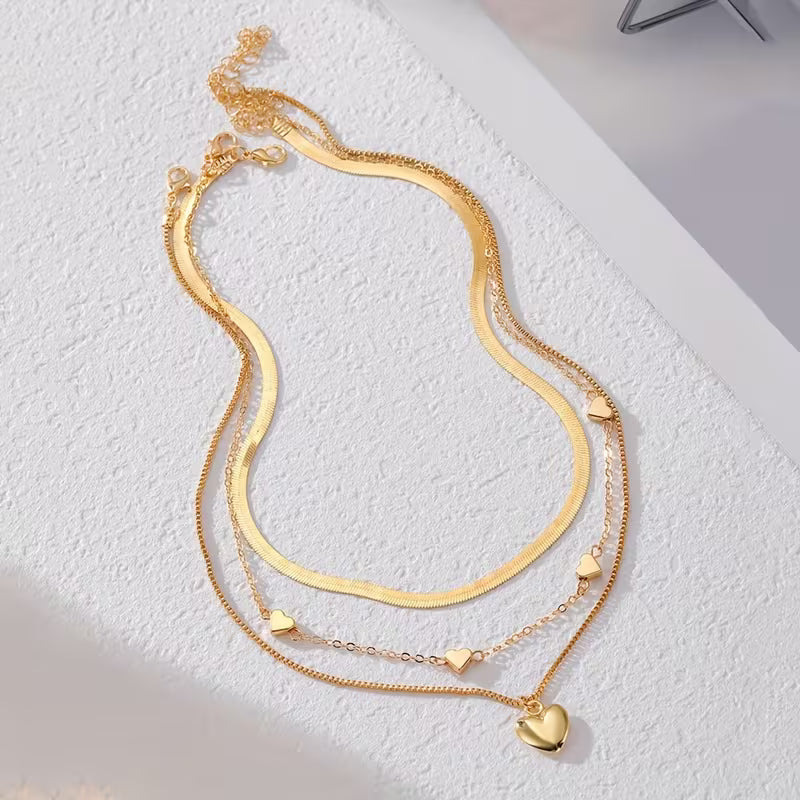 3pcs Set, Retro Elegant Heart Pendant Snake Bone Chain Box Chain Combination Multi-Layer Stackable Necklace Set