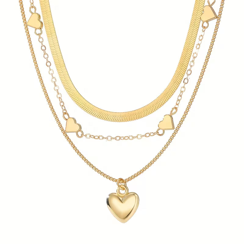 3pcs Set, Retro Elegant Heart Pendant Snake Bone Chain Box Chain Combination Multi-Layer Stackable Necklace Set