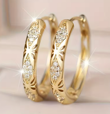 Novel Gold Color Textured Hoop Earrings for Women Wedding Creative Party Luxury with Shiny Cubic Zirconia Lady Jewelry