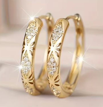 Novel Gold Color Textured Hoop Earrings for Women Wedding Creative Party Luxury with Shiny Cubic Zirconia Lady Jewelry