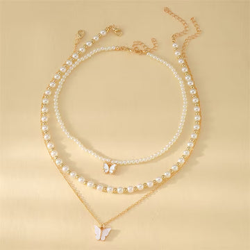 3pcs/set Metal Butterfly Heart Pendant Necklace Set Girls' Fashion Simple Faux Imitation Pearl Multi-Layer Necklaces Accessories