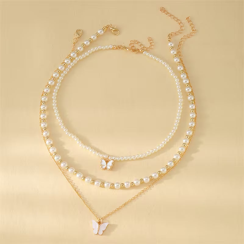 3pcs/set Metal Butterfly Heart Pendant Necklace Set Girls' Fashion Simple Faux Imitation Pearl Multi-Layer Necklaces Accessories