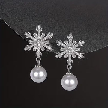 1pair Exquisite Shiny Snowflake Earrings, with Imitation Faux Pearl Pendant, Ideal Choice for Gifts, for Teenager
