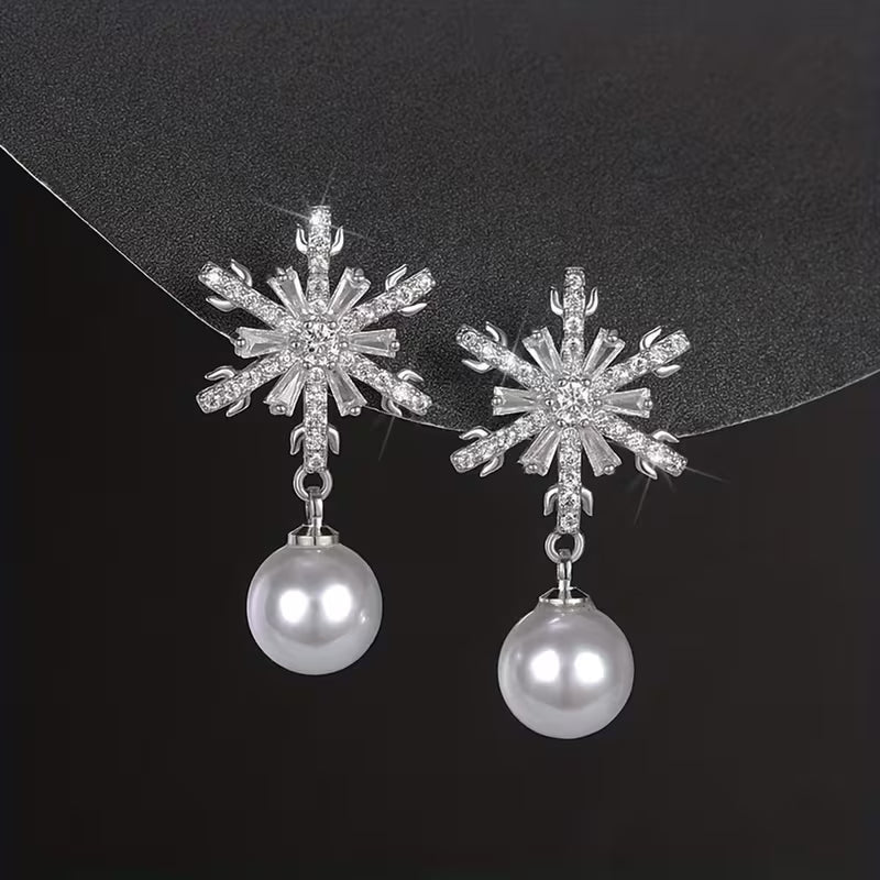 1pair Exquisite Shiny Snowflake Earrings, with Imitation Faux Pearl Pendant, Ideal Choice for Gifts, for Teenager