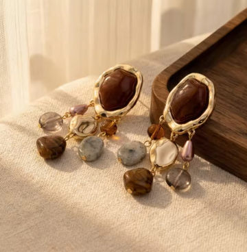 Bohemian Ethnic Tassel Pendant Earrings for Women Vintage Geometric Resin Simulated Gemstone Dangle Earrings Female Gifts