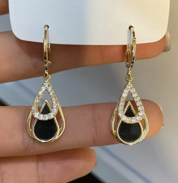 Trendy Rhinestones Black Enamel Oil Water Drop Dangle Earrings for Women Party Golden Color Hollow Out Round Hoop Jewelry Gift