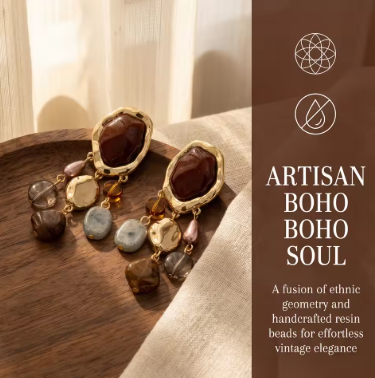 Bohemian Ethnic Tassel Pendant Earrings for Women Vintage Geometric Resin Simulated Gemstone Dangle Earrings Female Gifts