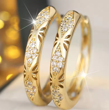 Novel Gold Color Textured Hoop Earrings for Women Wedding Creative Party Luxury with Shiny Cubic Zirconia Lady Jewelry