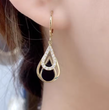 Trendy Rhinestones Black Enamel Oil Water Drop Dangle Earrings for Women Party Golden Color Hollow Out Round Hoop Jewelry Gift