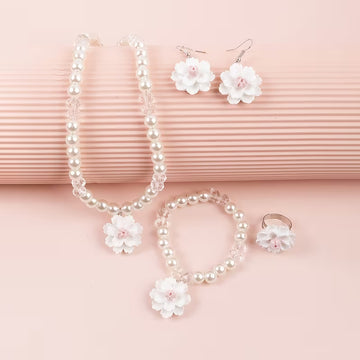 4pcs Set Featuring Sweet And Adorable White And Pink Camellia Geometric Bead Earrings, Necklace, Bracelet, And Ring