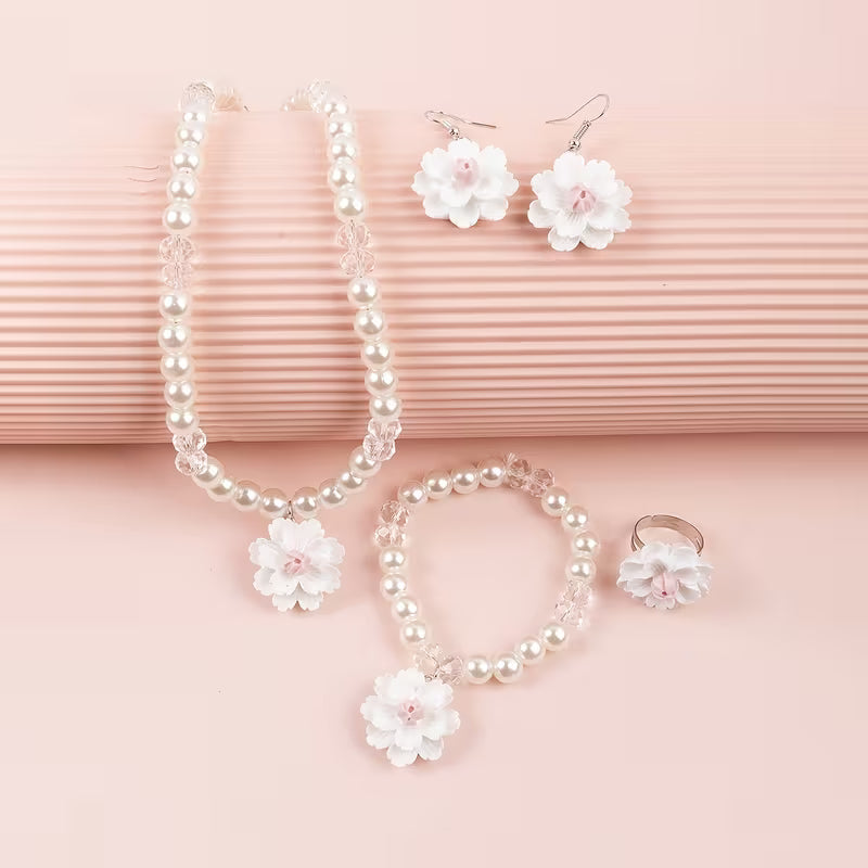 4pcs Set Featuring Sweet And Adorable White And Pink Camellia Geometric Bead Earrings, Necklace, Bracelet, And Ring