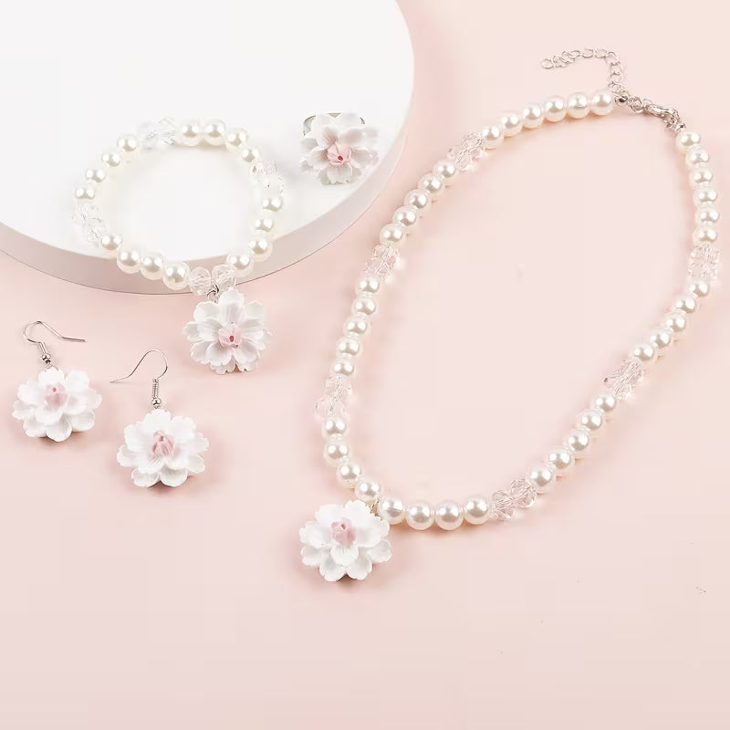 4pcs Set Featuring Sweet And Adorable White And Pink Camellia Geometric Bead Earrings, Necklace, Bracelet, And Ring