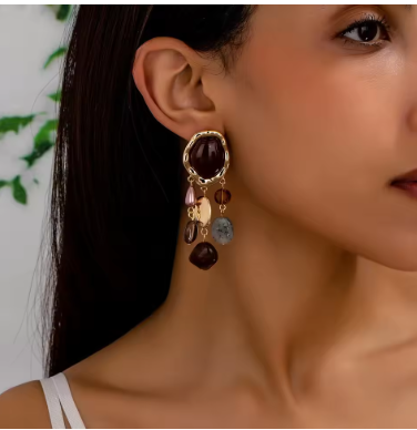 Bohemian Ethnic Tassel Pendant Earrings for Women Vintage Geometric Resin Simulated Gemstone Dangle Earrings Female Gifts