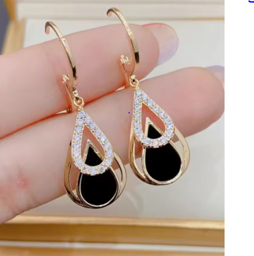 Trendy Rhinestones Black Enamel Oil Water Drop Dangle Earrings for Women Party Golden Color Hollow Out Round Hoop Jewelry Gift