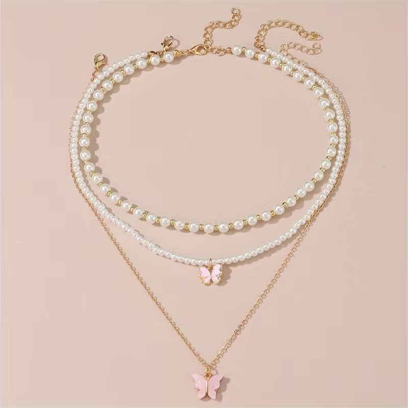 3pcs/set Metal Butterfly Heart Pendant Necklace Set Girls' Fashion Simple Faux Imitation Pearl Multi-Layer Necklaces Accessories
