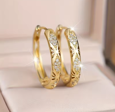 Novel Gold Color Textured Hoop Earrings for Women Wedding Creative Party Luxury with Shiny Cubic Zirconia Lady Jewelry