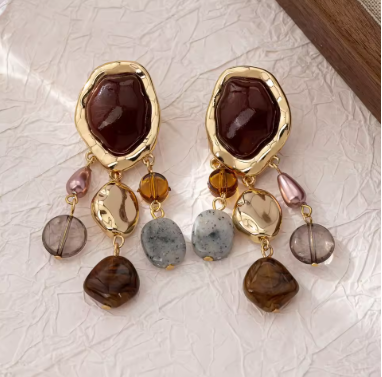 Bohemian Ethnic Tassel Pendant Earrings for Women Vintage Geometric Resin Simulated Gemstone Dangle Earrings Female Gifts