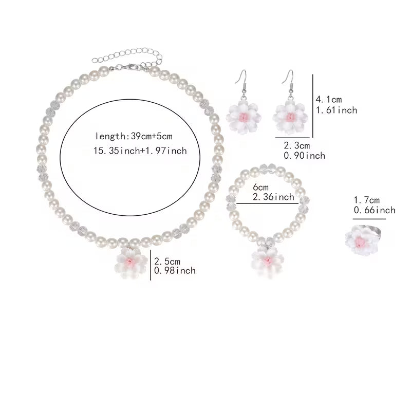 4pcs Set Featuring Sweet And Adorable White And Pink Camellia Geometric Bead Earrings, Necklace, Bracelet, And Ring