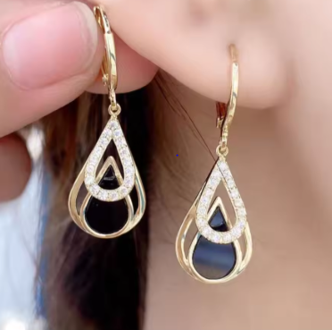 Trendy Rhinestones Black Enamel Oil Water Drop Dangle Earrings for Women Party Golden Color Hollow Out Round Hoop Jewelry Gift