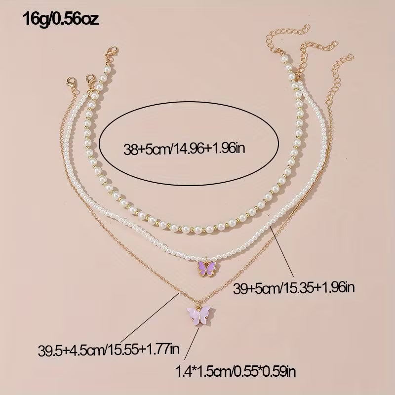 3pcs/set Metal Butterfly Heart Pendant Necklace Set Girls' Fashion Simple Faux Imitation Pearl Multi-Layer Necklaces Accessories