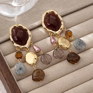 Bohemian Ethnic Tassel Pendant Earrings for Women Vintage Geometric Resin Simulated Gemstone Dangle Earrings Female Gifts