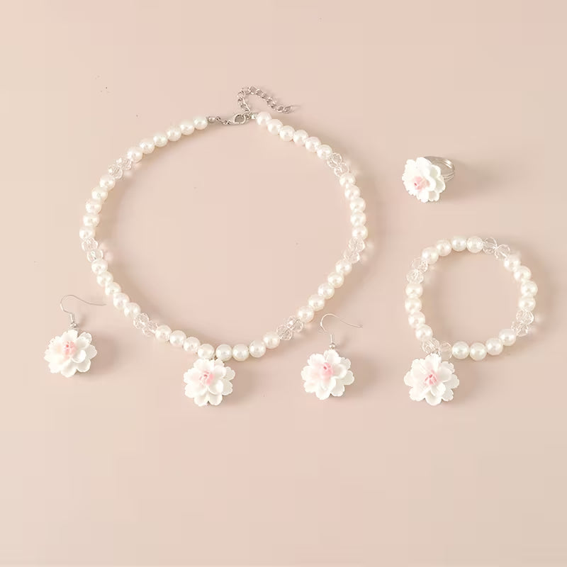 4pcs Set Featuring Sweet And Adorable White And Pink Camellia Geometric Bead Earrings, Necklace, Bracelet, And Ring