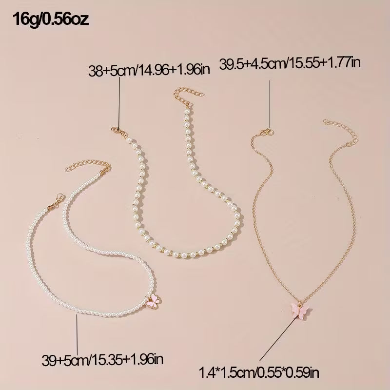 3pcs/set Metal Butterfly Heart Pendant Necklace Set Girls' Fashion Simple Faux Imitation Pearl Multi-Layer Necklaces Accessories