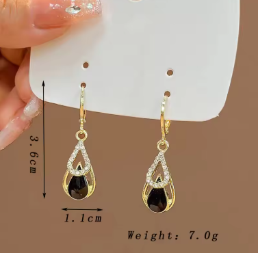 Trendy Rhinestones Black Enamel Oil Water Drop Dangle Earrings for Women Party Golden Color Hollow Out Round Hoop Jewelry Gift
