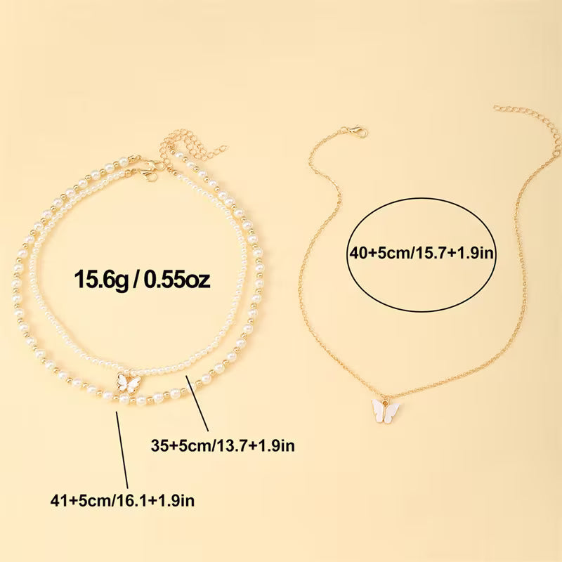 3pcs/set Metal Butterfly Heart Pendant Necklace Set Girls' Fashion Simple Faux Imitation Pearl Multi-Layer Necklaces Accessories