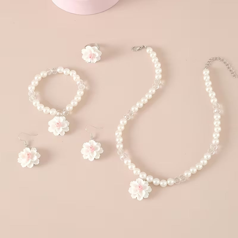 4pcs Set Featuring Sweet And Adorable White And Pink Camellia Geometric Bead Earrings, Necklace, Bracelet, And Ring