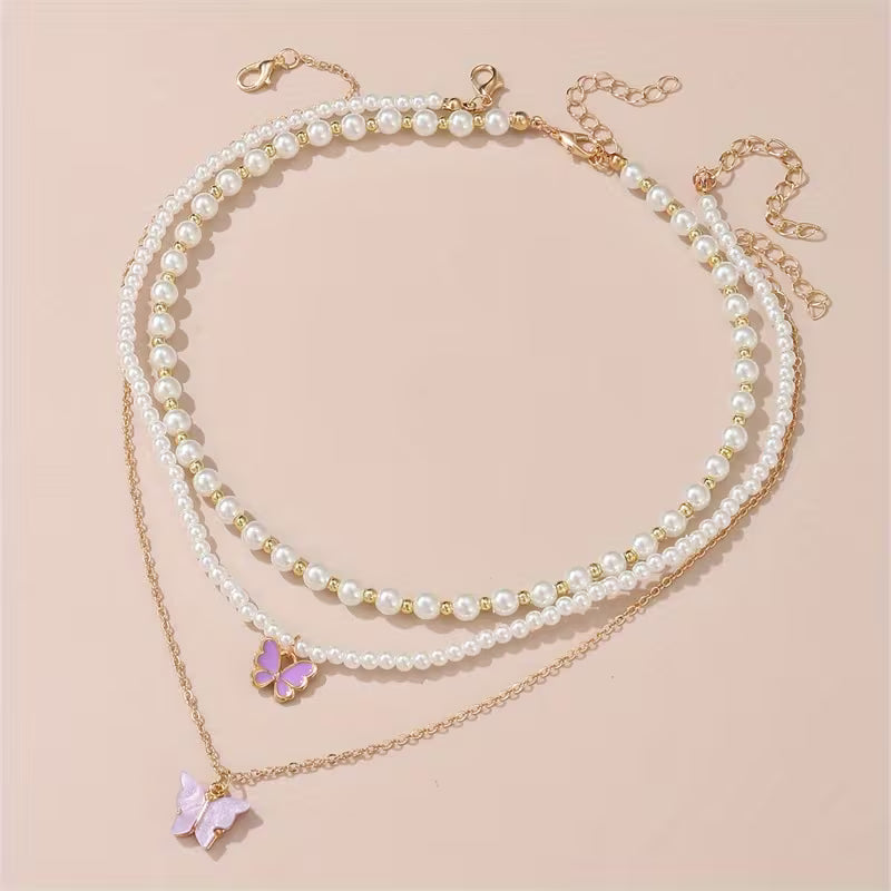 3pcs/set Metal Butterfly Heart Pendant Necklace Set Girls' Fashion Simple Faux Imitation Pearl Multi-Layer Necklaces Accessories