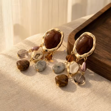 Bohemian Ethnic Tassel Pendant Earrings for Women Vintage Geometric Resin Simulated Gemstone Dangle Earrings Female Gifts