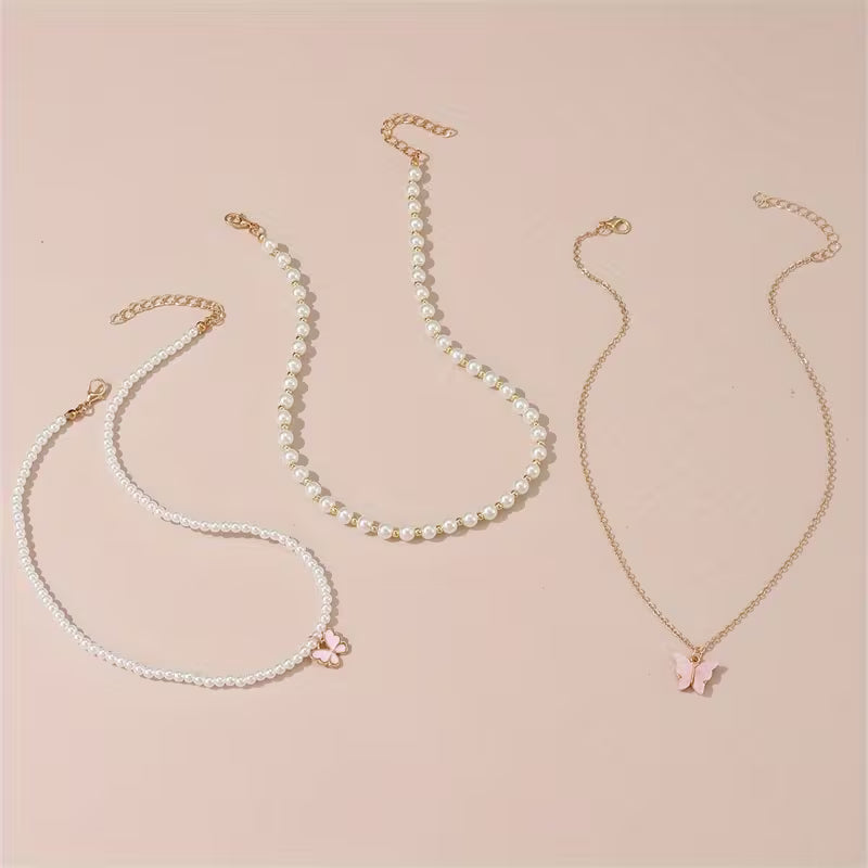 3pcs/set Metal Butterfly Heart Pendant Necklace Set Girls' Fashion Simple Faux Imitation Pearl Multi-Layer Necklaces Accessories