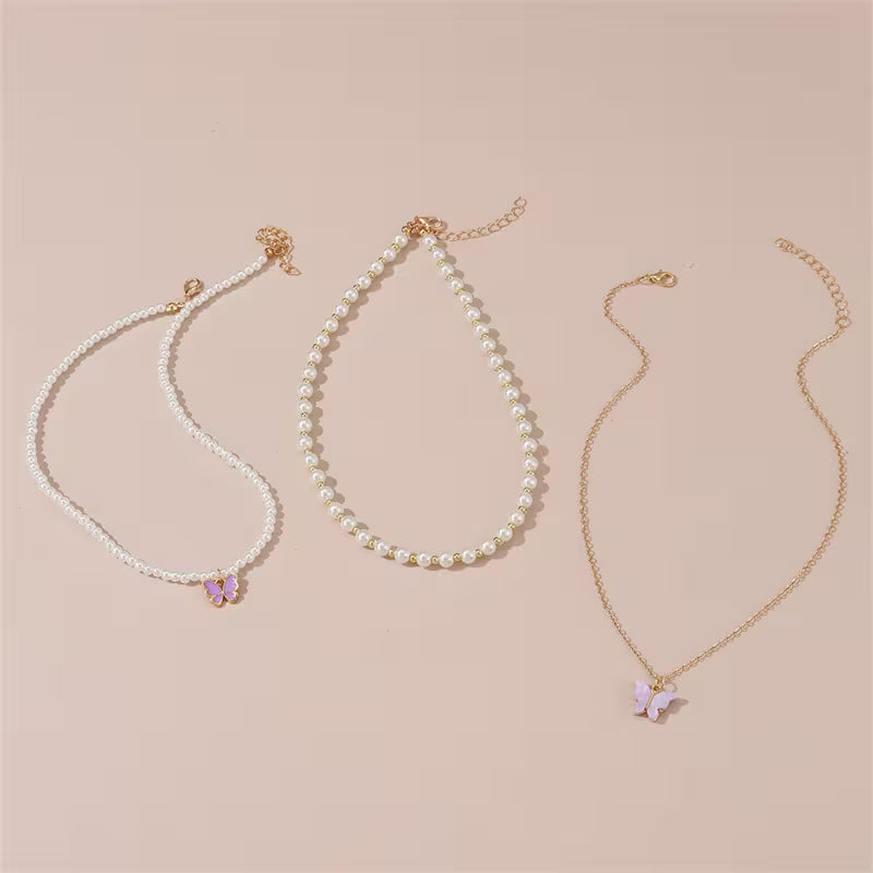 3pcs/set Metal Butterfly Heart Pendant Necklace Set Girls' Fashion Simple Faux Imitation Pearl Multi-Layer Necklaces Accessories