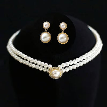 NEW 2pcs Set, Simple and Exquisite White Bead-sized Geometric Double-layer Earrings and Necklace