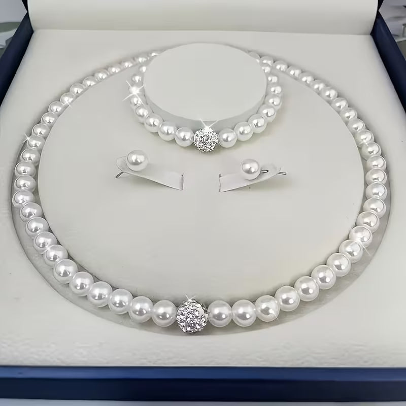 1pc Necklace + 1pc Bracelet + 2pcs Earrings Set. Elegant and Minimalist Imitation Pearl Jewelry