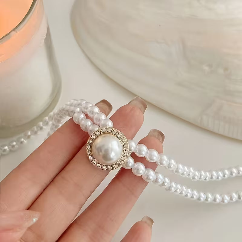 NEW 2pcs Set, Simple and Exquisite White Bead-sized Geometric Double-layer Earrings and Necklace