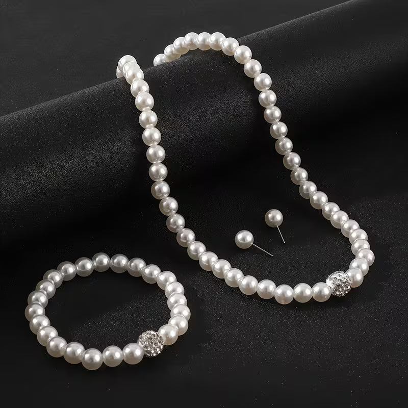 1pc Necklace + 1pc Bracelet + 2pcs Earrings Set. Elegant and Minimalist Imitation Pearl Jewelry