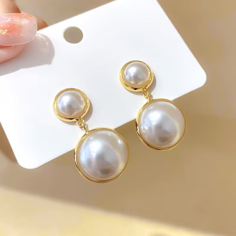 NEW 2pcs Set, Simple and Exquisite White Bead-sized Geometric Double-layer Earrings and Necklace